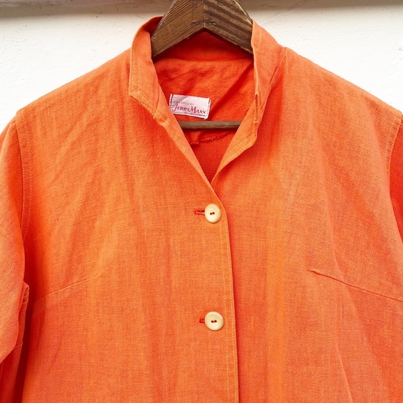 VINTAGE 1950’s Jerry Mann of California Orange Linen Button Up Shift Dress - Picture 3 of 8